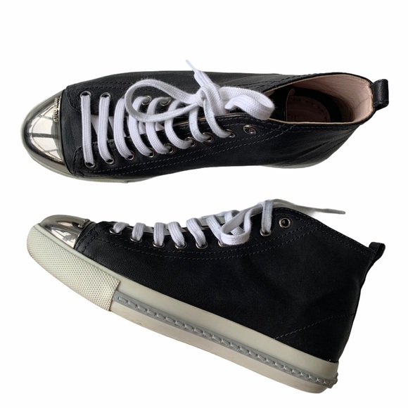 Miu Miu Shoes - Miu Miu Leather High Top Sneakers Black Toe Cap